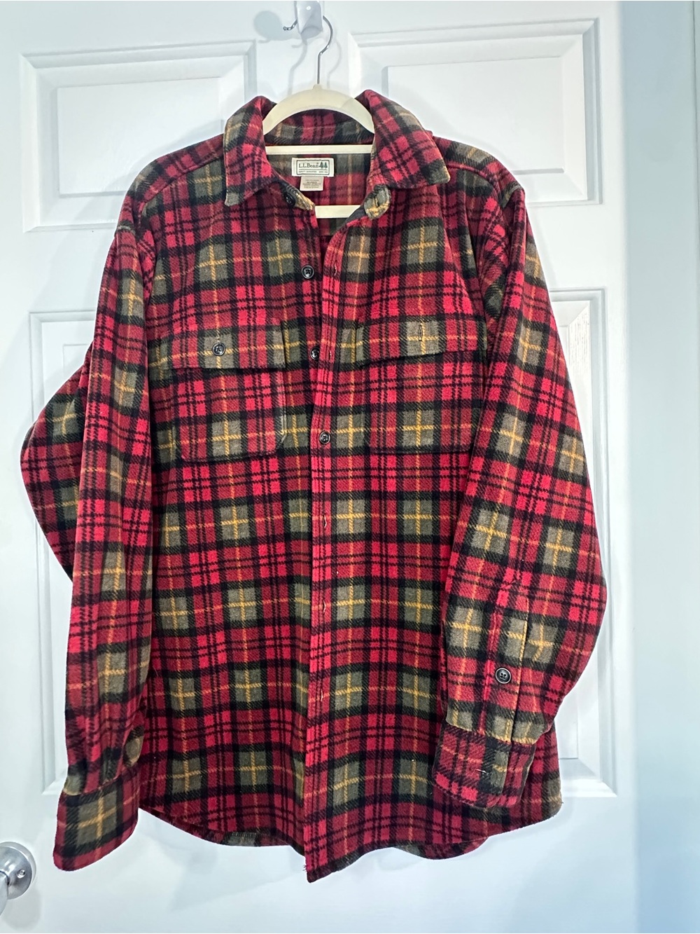 L.L. Bean Red, Black and Olive Plaid Fleece Shirt Jacket